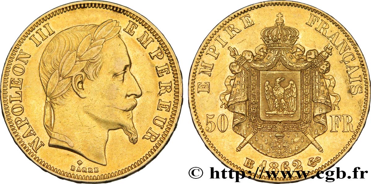 50 francs or Napoléon III, tête laurée 1862 Strasbourg F.548/2 TTB50 