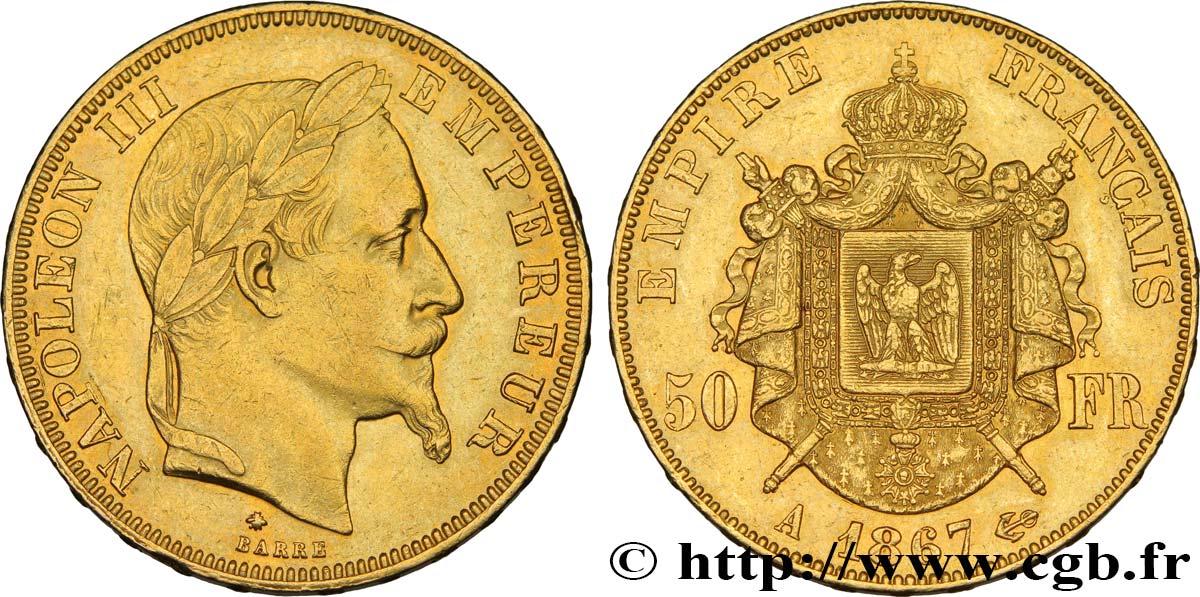 50 francs or Napoléon III, tête laurée 1867 Paris F.548/8 TTB50 
