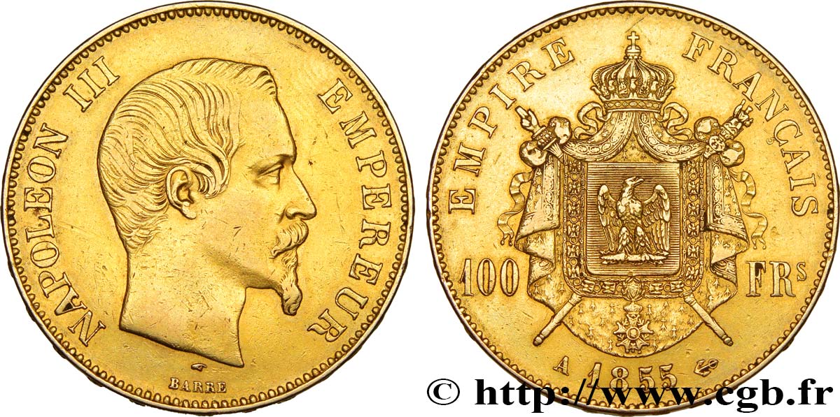 100 francs or Napoléon III, tête nue 1855 Paris F.550/1 MBC 