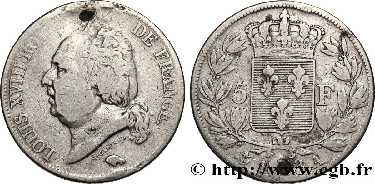 5 francs Louis XVIII, tête nue 1823 Paris F.309/76 VG 