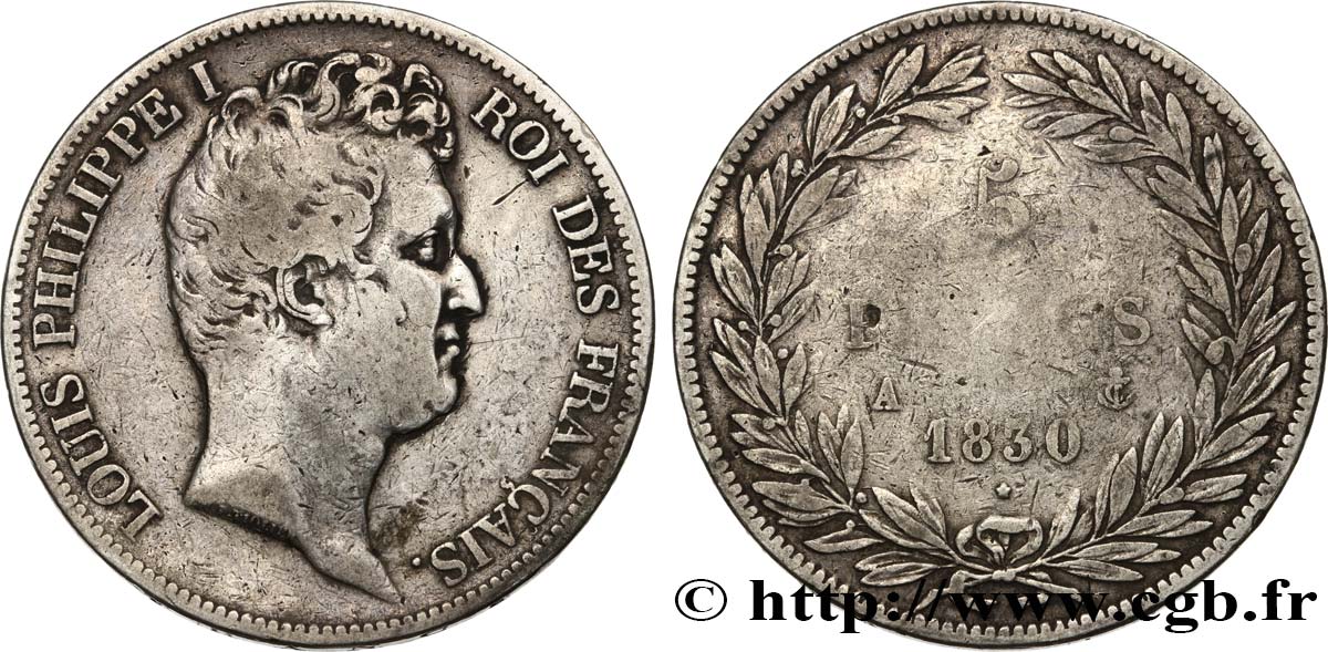 5 francs type Tiolier avec le I, tranche en creux 1830 Paris F.315/1 B+ 