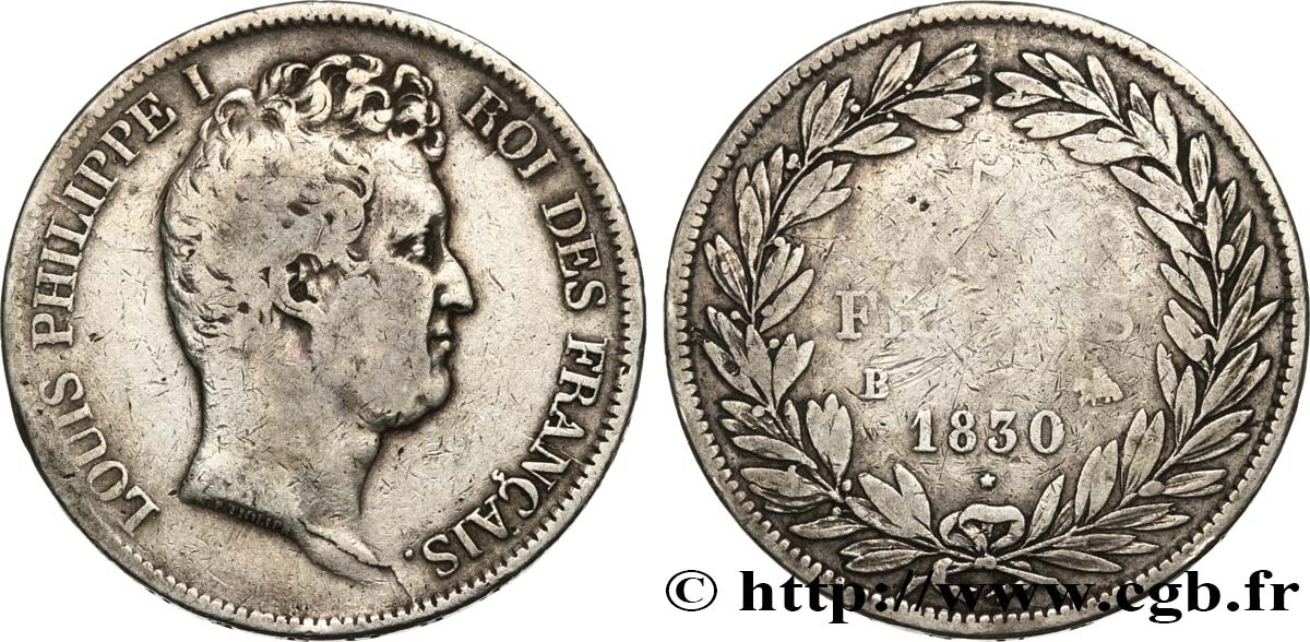 5 francs type Tiolier avec le I, tranche en creux 1830 Rouen F.315/2 BC 