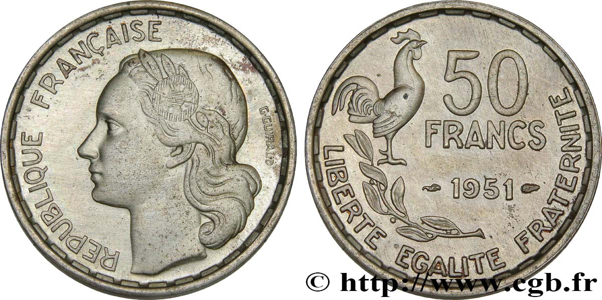 Piéfort de 50 francs Guiraud en argent 1951  GEM.221 P1 SUP 