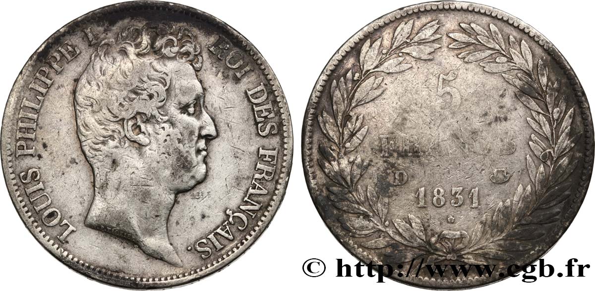 5 francs type Tiolier avec le I, tranche en creux 1831 Lyon F.315/17 VF 