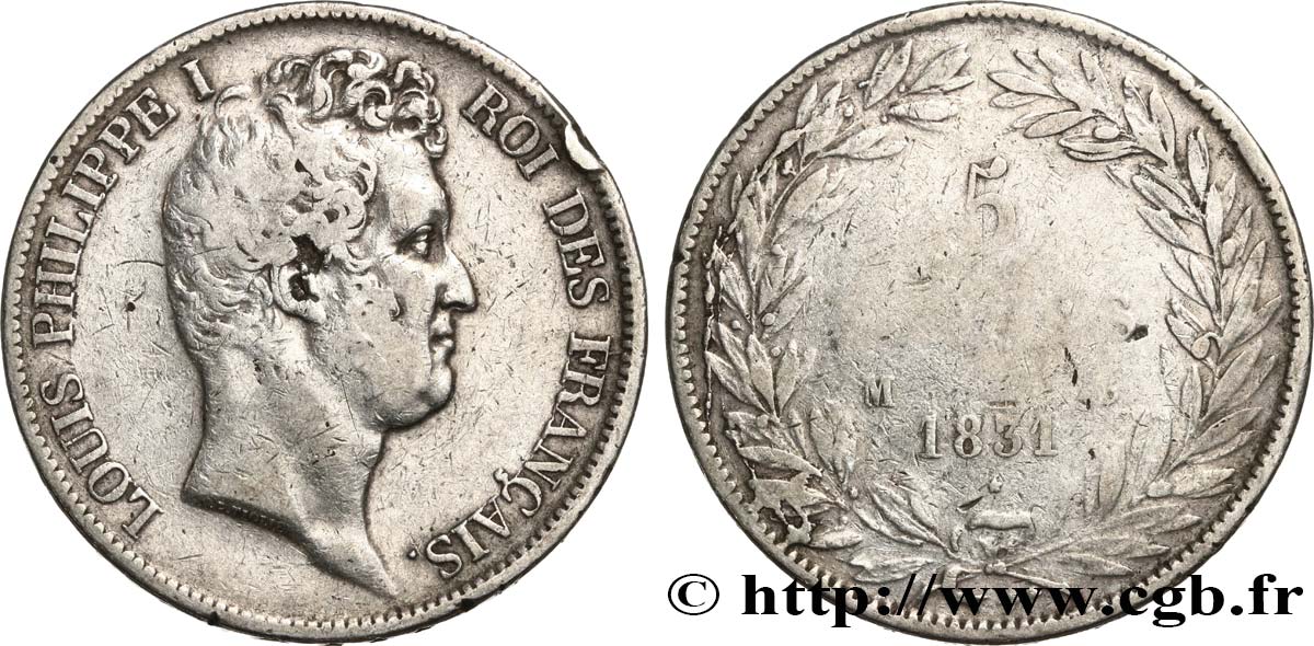 5 francs type Tiolier avec le I, tranche en creux 1831 Toulouse F.315/22 BC 