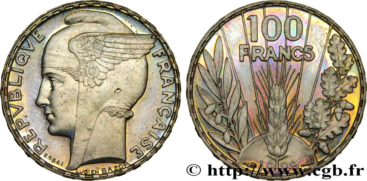 Concours de 100 francs or, essai de Bazor en bronze-argenté en flan bruni 1929 Paris GEM.288 8 var. MS 