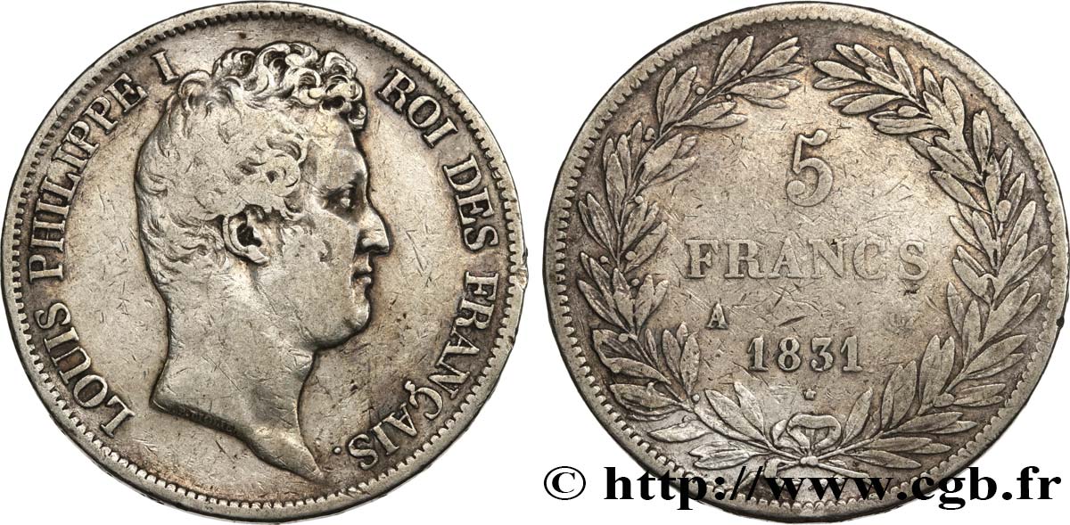 5 francs type Tiolier avec le I, tranche en relief 1831 Paris F.316/2 MB 