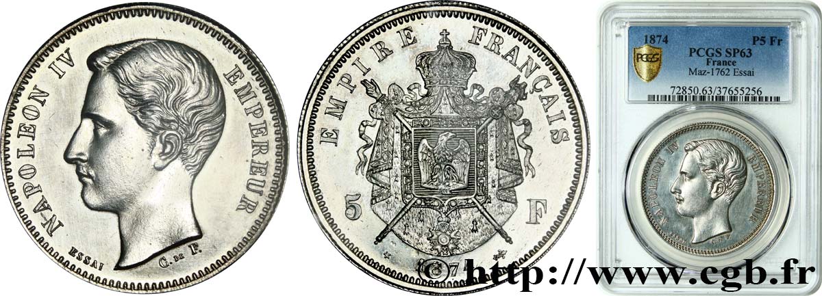 Essai de 5 francs en argent 1874 Bruxelles VG.3760  SPL63 PCGS