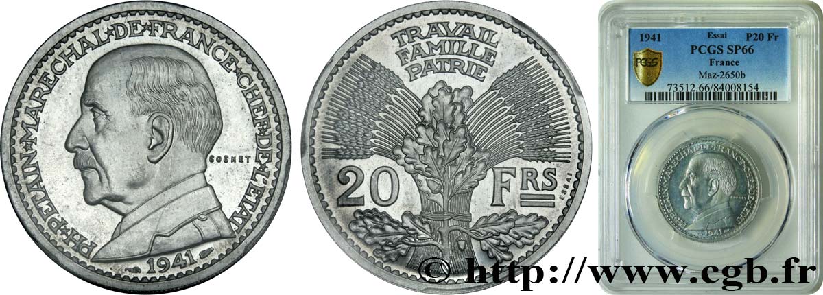 Essai de 20 francs Pétain en aluminium par Cochet 1941 Paris GEM.202 1 MS66 PCGS