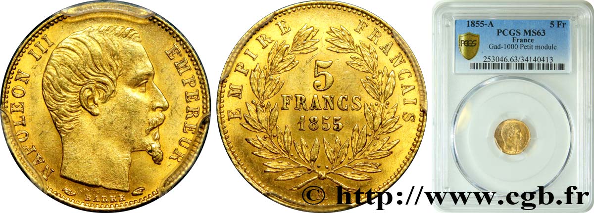 5 francs or Napoléon III, tête nue, petit module, tranche cannelée 1855 Paris F.500A/2 MS63 PCGS