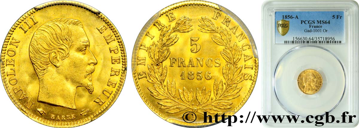 5 francs or Napoléon III, tête nue, grand module 1856 Paris F.501/2 SPL64 PCGS