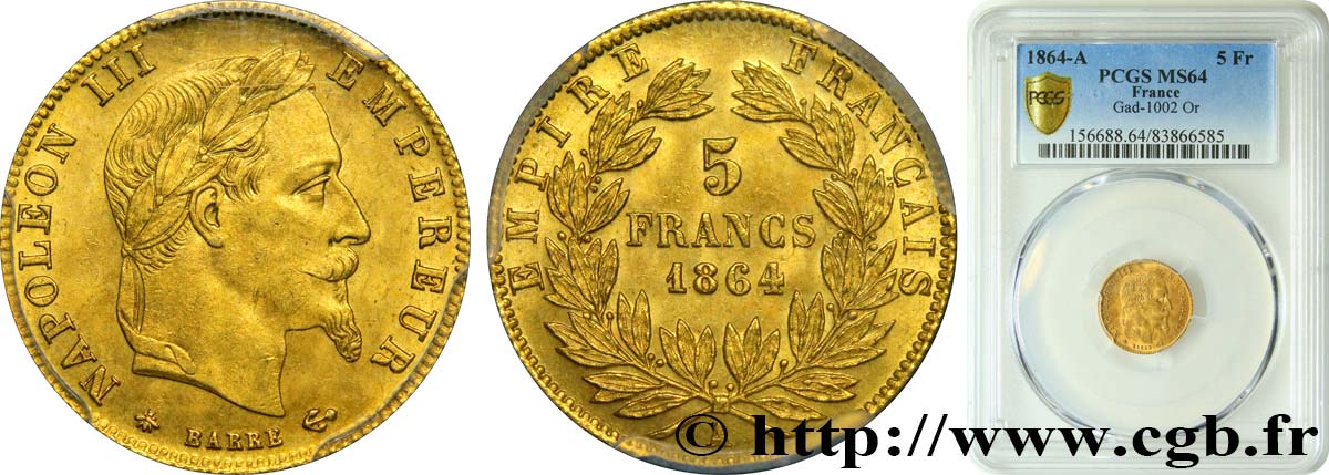 5 francs or Napoléon III, tête laurée 1864 Paris F.502/5 MS64 PCGS