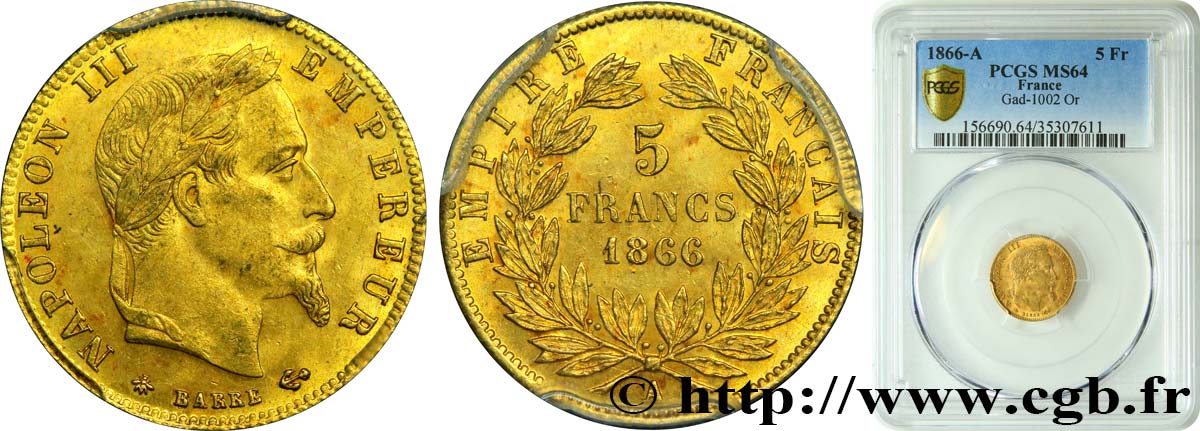 5 francs or Napoléon III, tête laurée 1866 Paris F.502/9 fST64 PCGS