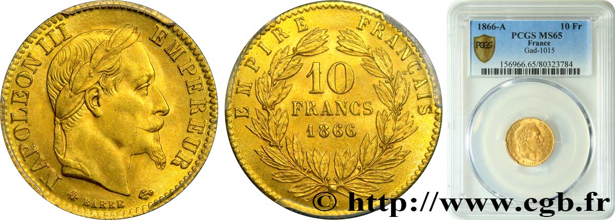 10 francs or Napoléon III, tête laurée 1866 Paris F.507A/12 MS65 PCGS