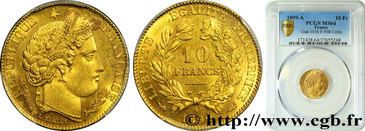 10 francs or Cérès, Troisième République 1899 Paris F.508/5 SC64 PCGS