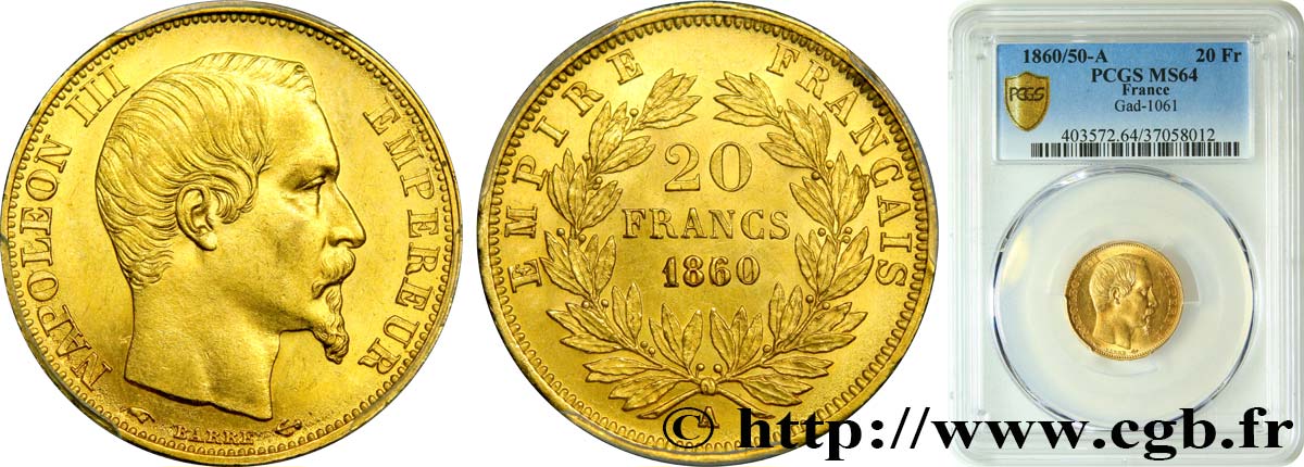 20 francs or Napoléon III, tête nue 1860 Paris F.531/17 fST64 PCGS