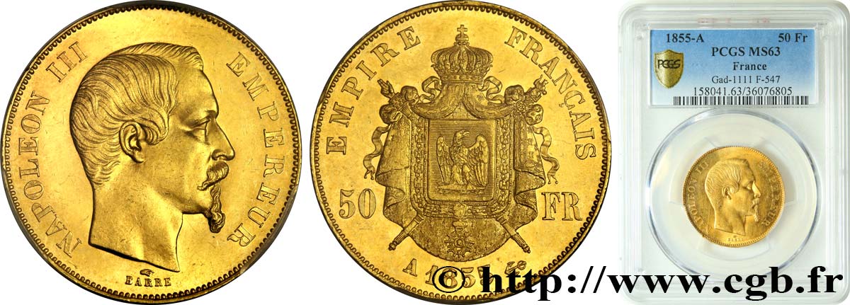 50 francs or Napoléon III, tête nue 1855 Paris F.547/1 fST63 PCGS