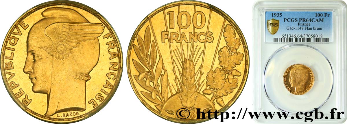 100 francs or, Bazor, Flan Bruni 1935 Paris F.554/6 var. fST64 PCGS