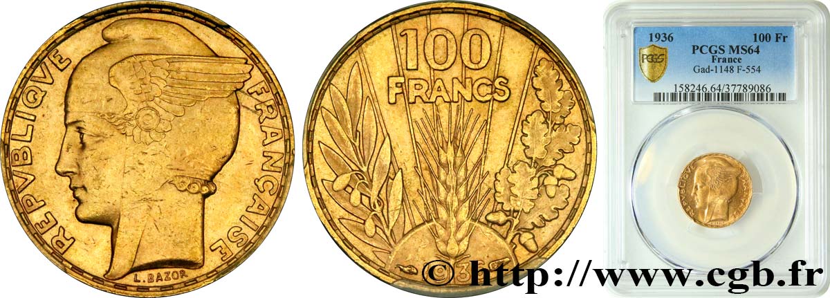 100 francs or, Bazor 1936  F.554/8 fST64 PCGS