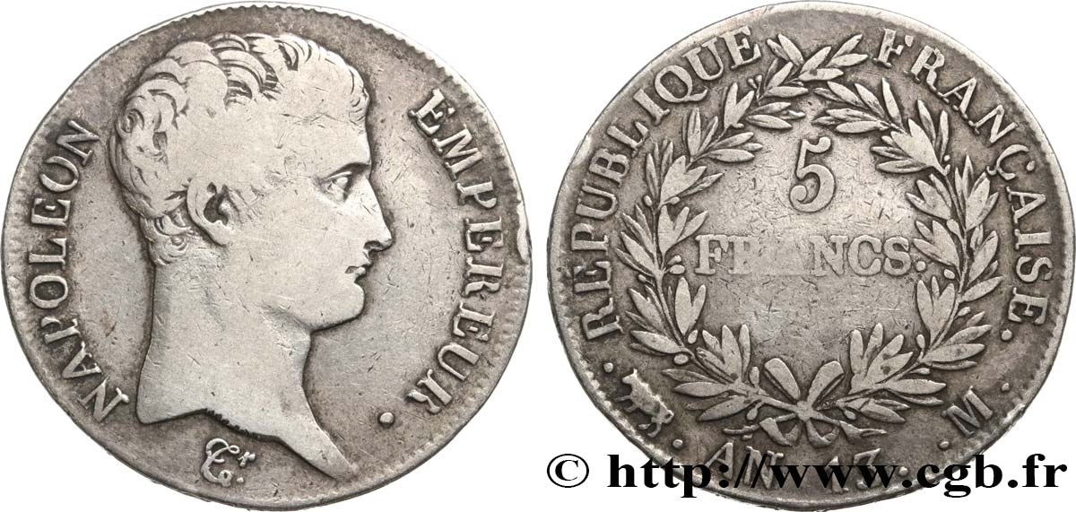 5 francs Napoléon Empereur, Calendrier révolutionnaire 1805 Toulouse F.303/13 TB 