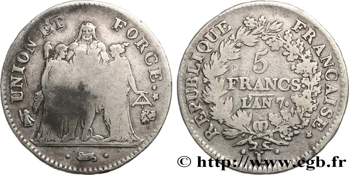 5 francs Union et Force, Union desserré, avec glands intérieurs et gland extérieur, Tranche fautée 1799 Bayonne F.291/13 TB 