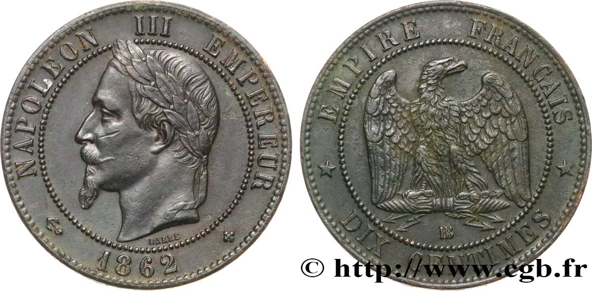 Dix centimes Napoléon III, tête laurée 1862 Strasbourg F.134/8 MBC48 