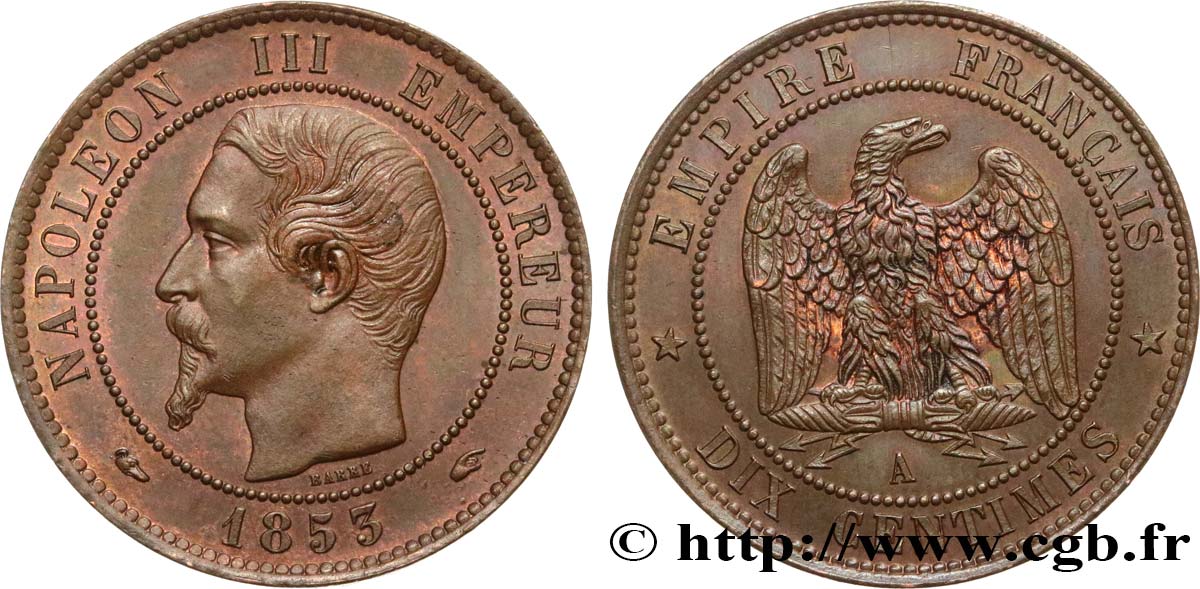 Dix centimes Napoléon III, tête nue 1853 Paris F.133/2 AU55 