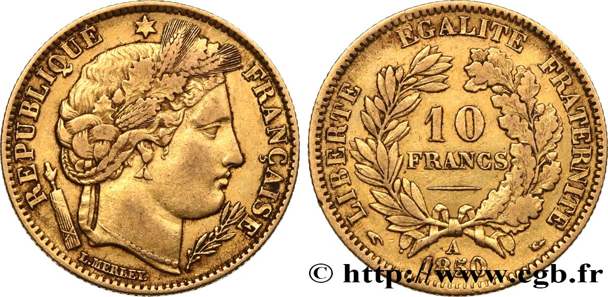 10 francs or Cérès, IIe République, levrette oreille haute 1850 Paris F.504/1 BB40 