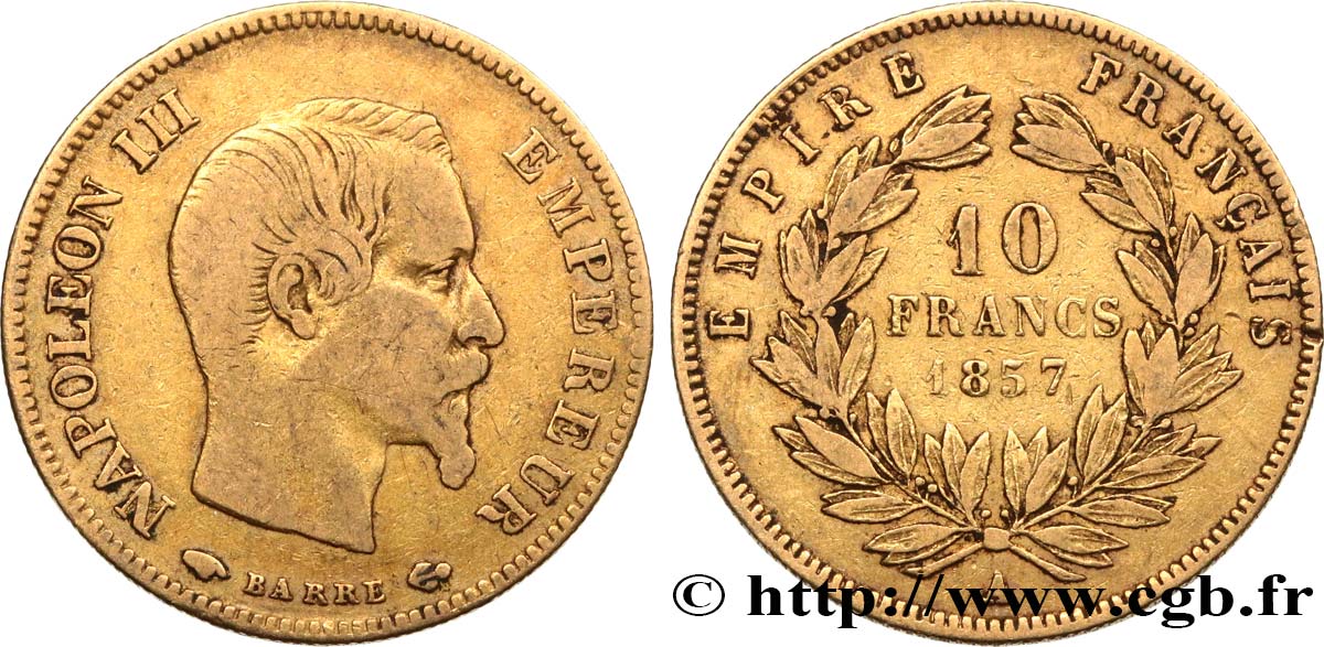 10 francs or Napoléon III, tête nue 1857 Paris F.506/4 VF30 