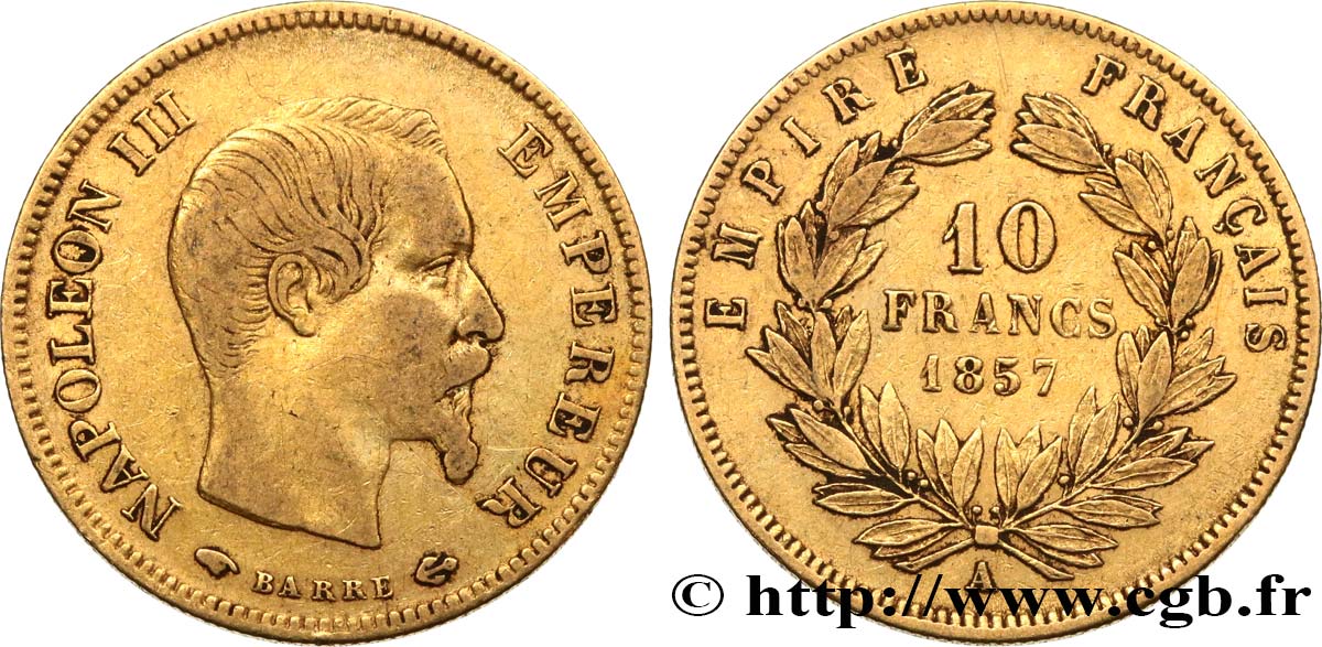 10 francs or Napoléon III, tête nue 1857 Paris F.506/4 VF35 