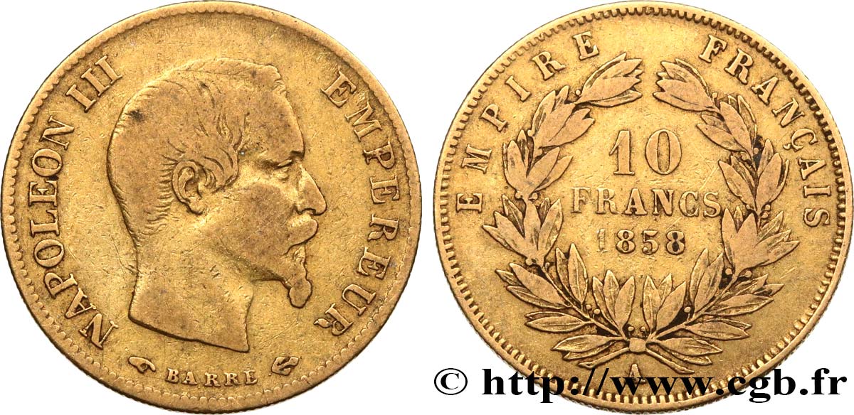 10 francs or Napoléon III, tête nue 1858 Paris F.506/5 MB30 