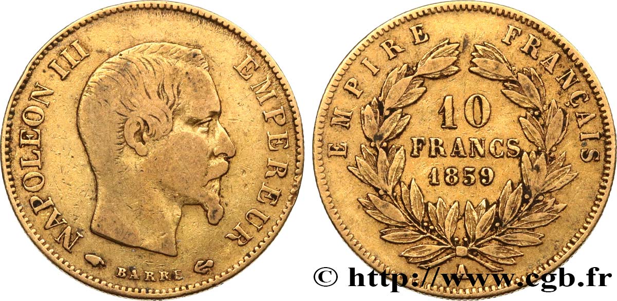 10 francs or Napoléon III, tête nue 1859 Paris F.506/7 TB30 