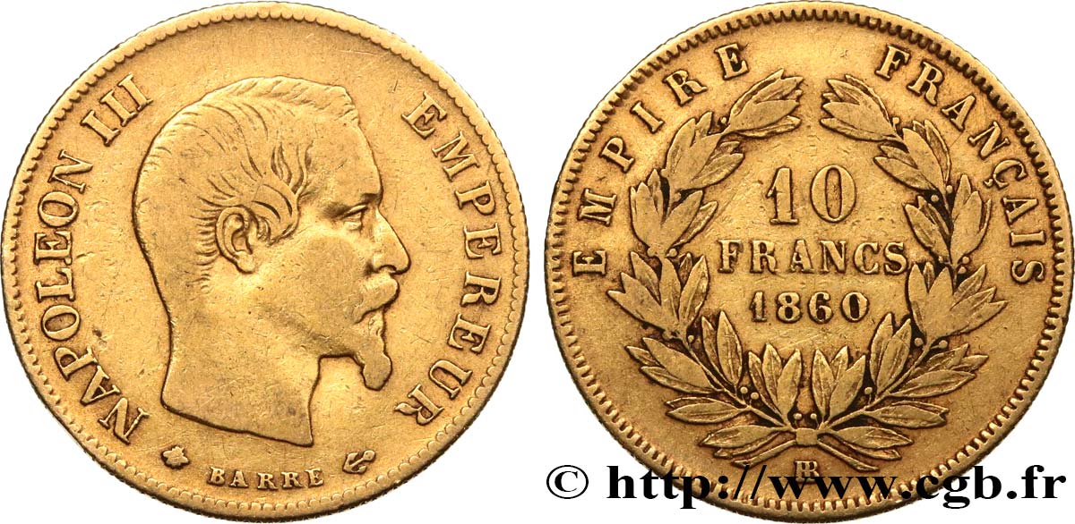10 francs or Napoléon III, tête nue 1860 Strasbourg F.506/11 TB30 