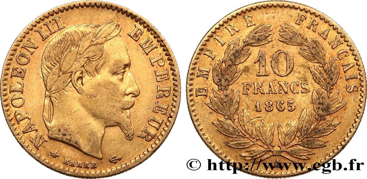 10 francs or Napoléon III, tête laurée 1865 Paris F.507A/9 VF35 