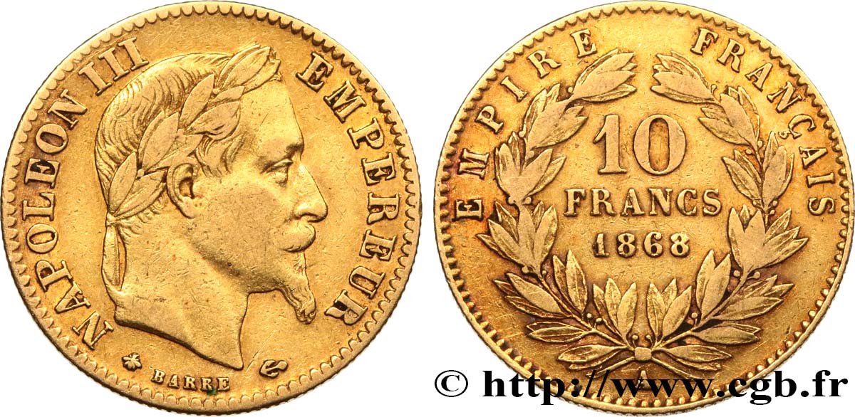 10 francs or Napoléon III, tête laurée, type définitif à grand 10 1868 Paris F.507A/17 BC35 