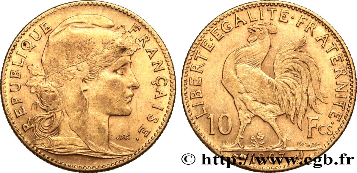 10 francs or Coq 1907 Paris F.509/8 MBC50 