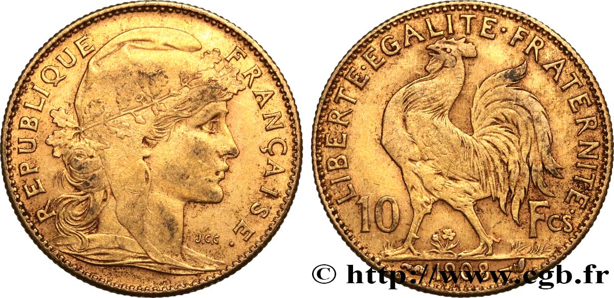 10 francs or Coq 1908 Paris F.509/9 TTB48 