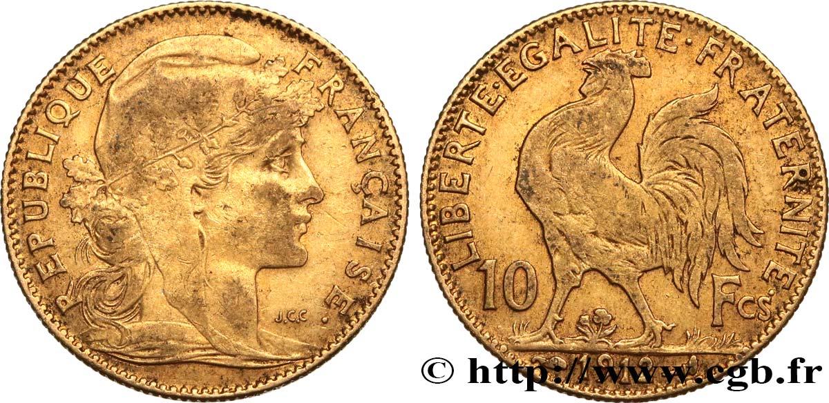 10 francs or Coq 1912 Paris F.509/13 XF45 