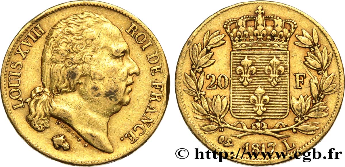 20 francs or Louis XVIII, tête nue 1817 Bayonne F.519/7 SS48 