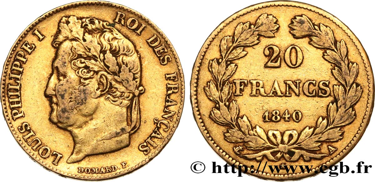 20 francs or Louis-Philippe, Domard 1840 Paris F.527/22 SS40 