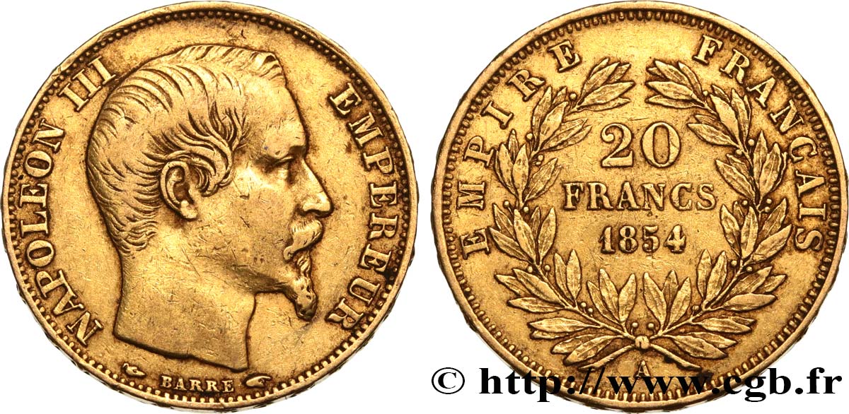 20 francs or Napoléon III, tête nue 1854 Paris F.531/2 BB40 