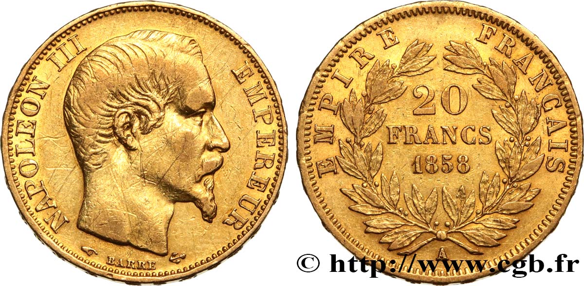 20 francs or Napoléon III, tête nue 1858 Paris F.531/13 S 