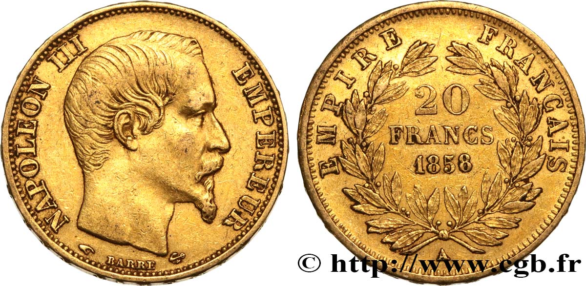 20 francs or Napoléon III, tête nue 1858 Paris F.531/13 SS45 