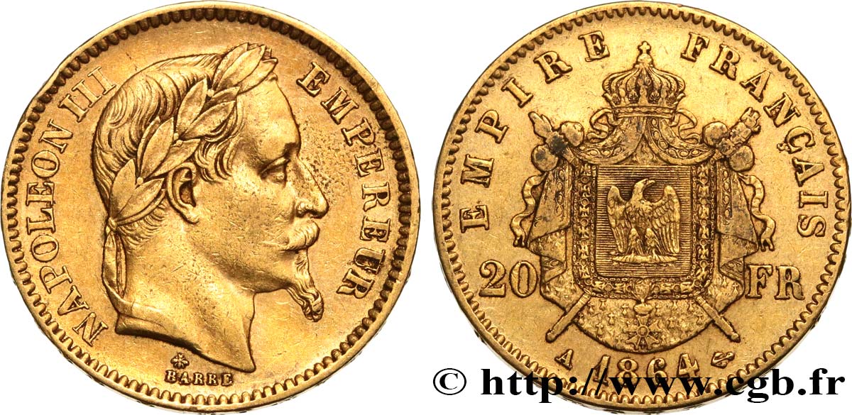 20 francs or Napoléon III, tête laurée 1864 Paris F.532/8 TTB45 