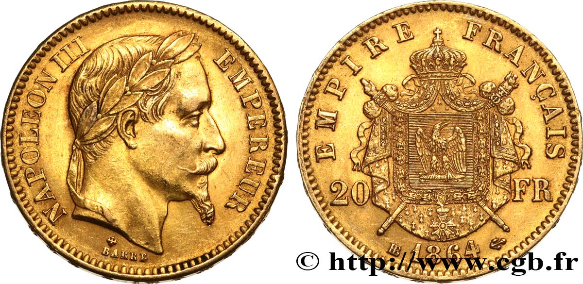20 francs or Napoléon III, tête laurée 1864 Strasbourg F.532/9 AU52 