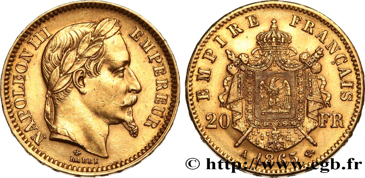 20 francs or Napoléon III, tête laurée 1865 Paris F.532/11 q.SPL 