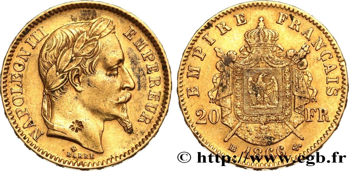 20 francs or Napoléon III, tête laurée 1866 Strasbourg F.532/14 MBC 