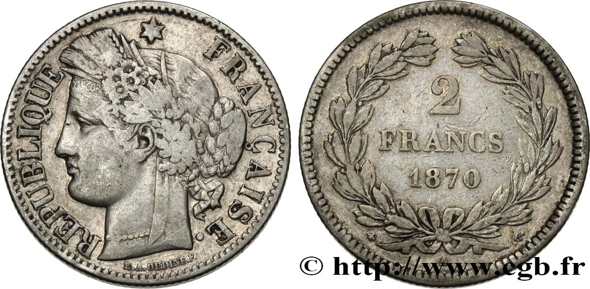 2 francs Cérès, sans légende 1870 Paris F.264/1 TB25 
