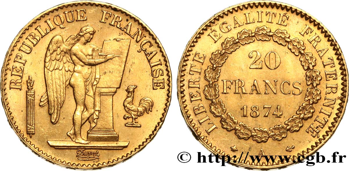20 francs or Génie, Troisième République 1874 Paris F.533/2 AU58 