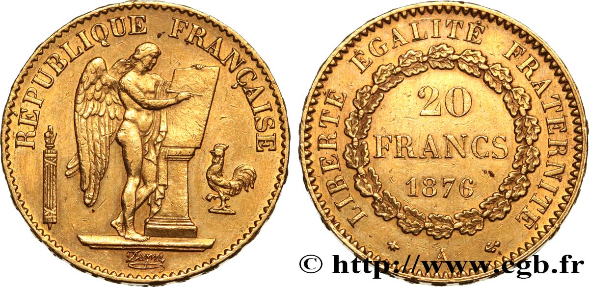 20 francs or Génie, IIIe République 1876 Paris F.533/4 MBC+ 